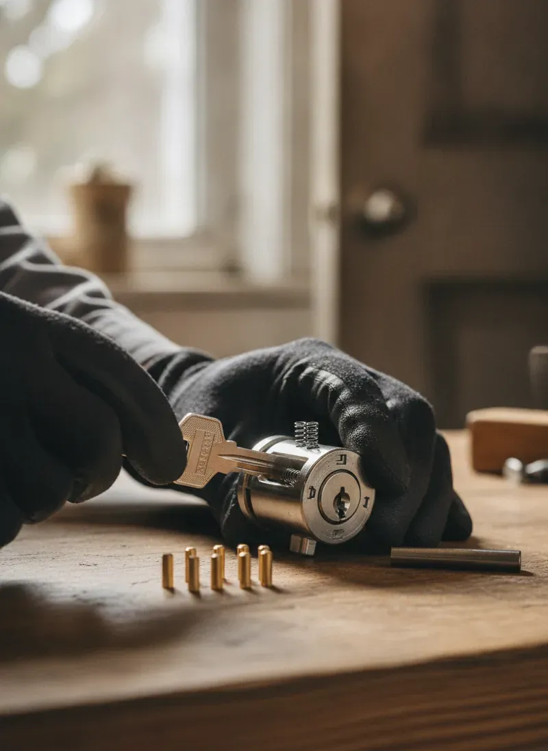A locksmith rekeying a residential deadbolt cylinder