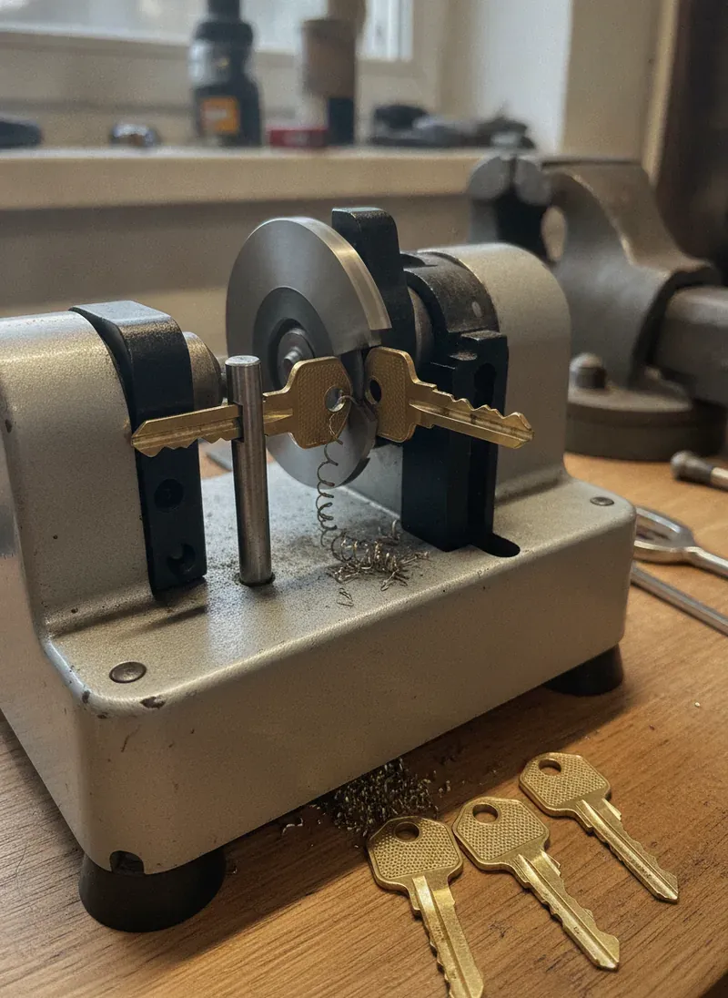 Freshly cut brass house keys on a key duplication machine