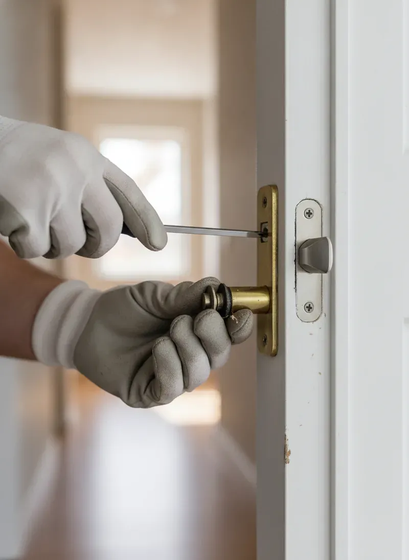 A locksmith repairing and adjusting a sticking door lock
