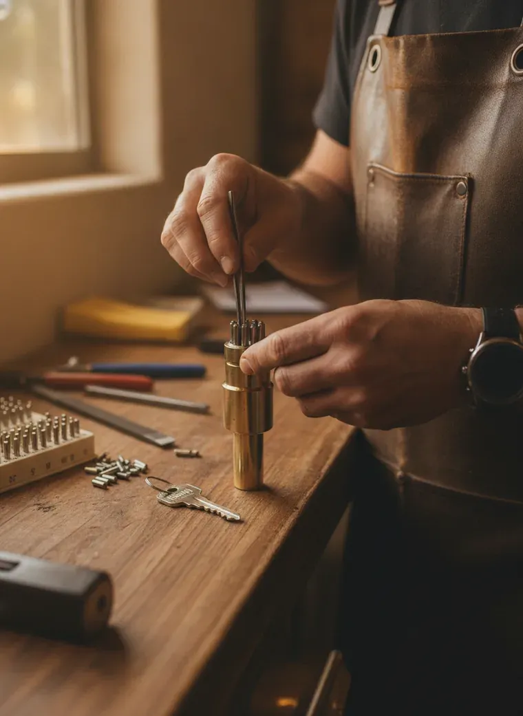 Locksmith rekeying locks and cutting keys at the Cactus Canyon workbench