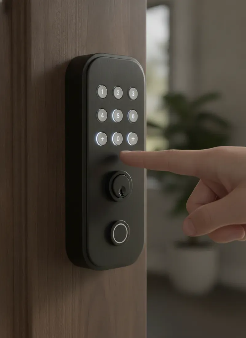 A keypad smart deadbolt installed on a home front door